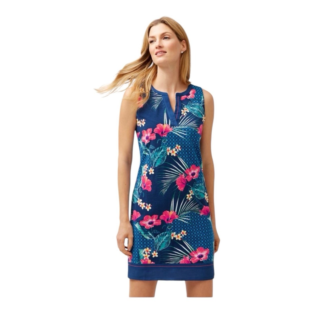 TOMMY BAHAMA Medium Tuscan Trellis Shift Casual Tank Dress Hibiscus Blue Pink - Picture 2 of 13